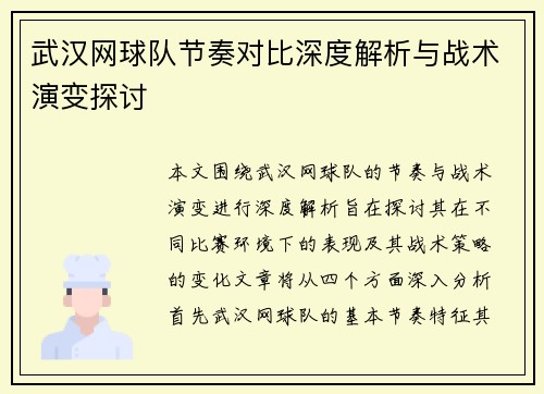 武汉网球队节奏对比深度解析与战术演变探讨